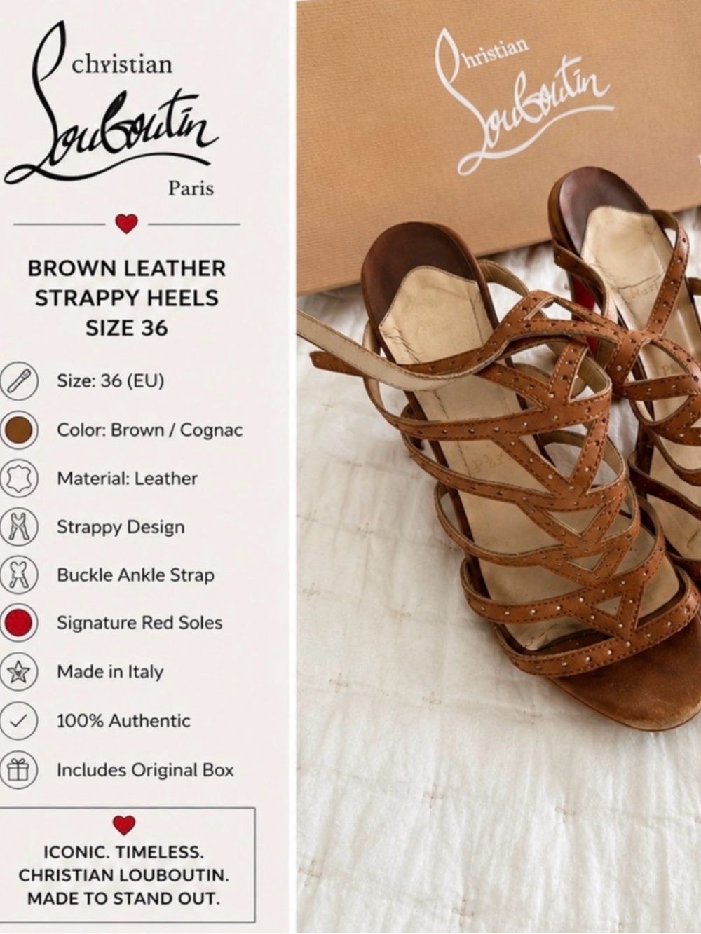 Christian Louboutin Brown Leather Strappy Sandal Heels with Red Soles